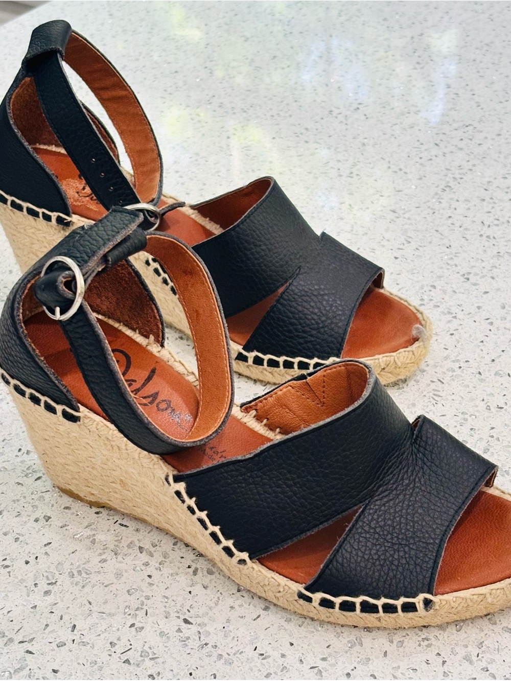 Dalson Black Soft Grain Leather Espadrille Wedge Sandals- New Sz 8-8.5 (39EU)NEW